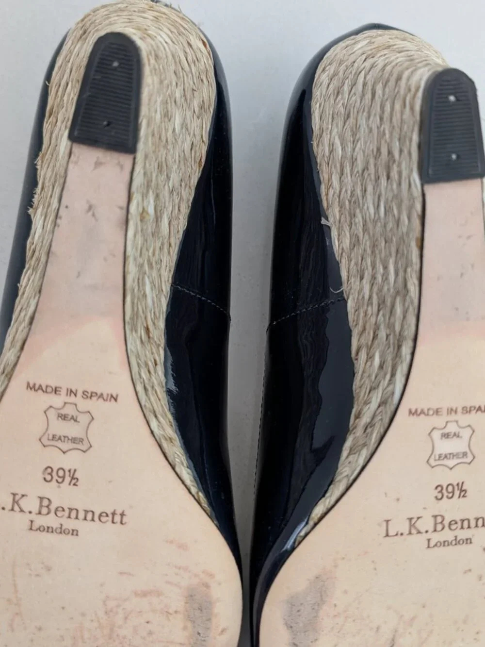 L.K. Bennett Edee Peep-Toe Patent Leather Espadrille Wedge–Navy Blue–US 9.5